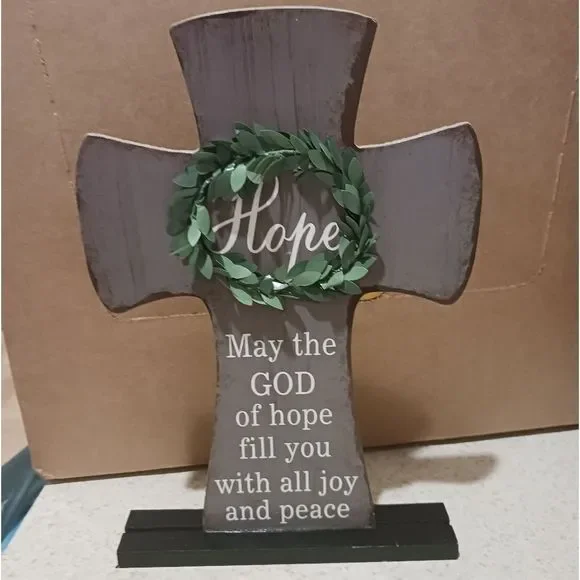 New Gray Rustic Wooden HOPE w/ Wreath Inspirational Cross Table Top Decor Sign - Picture 3 of 4